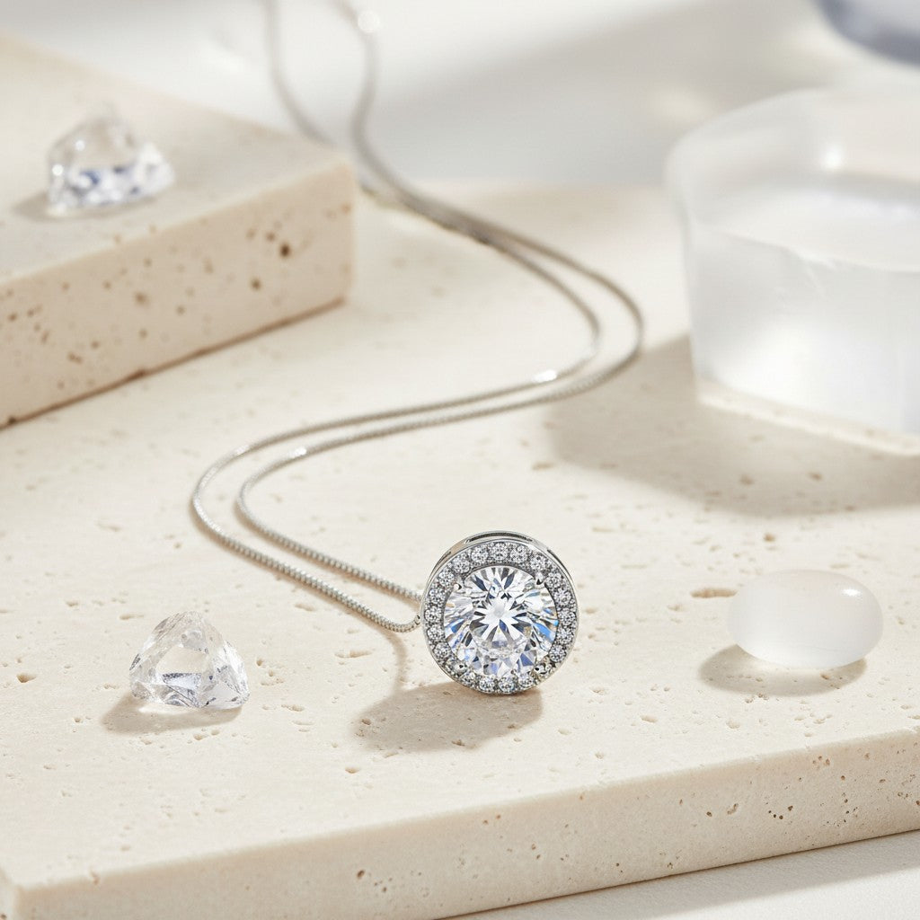 925 Sterling Silver Round Halo Moissanite Pendant Necklace featuring a brilliant round-cut moissanite center stone surrounded by a pavé halo on a delicate sterling silver chain, displayed in a minimalist luxury setting.