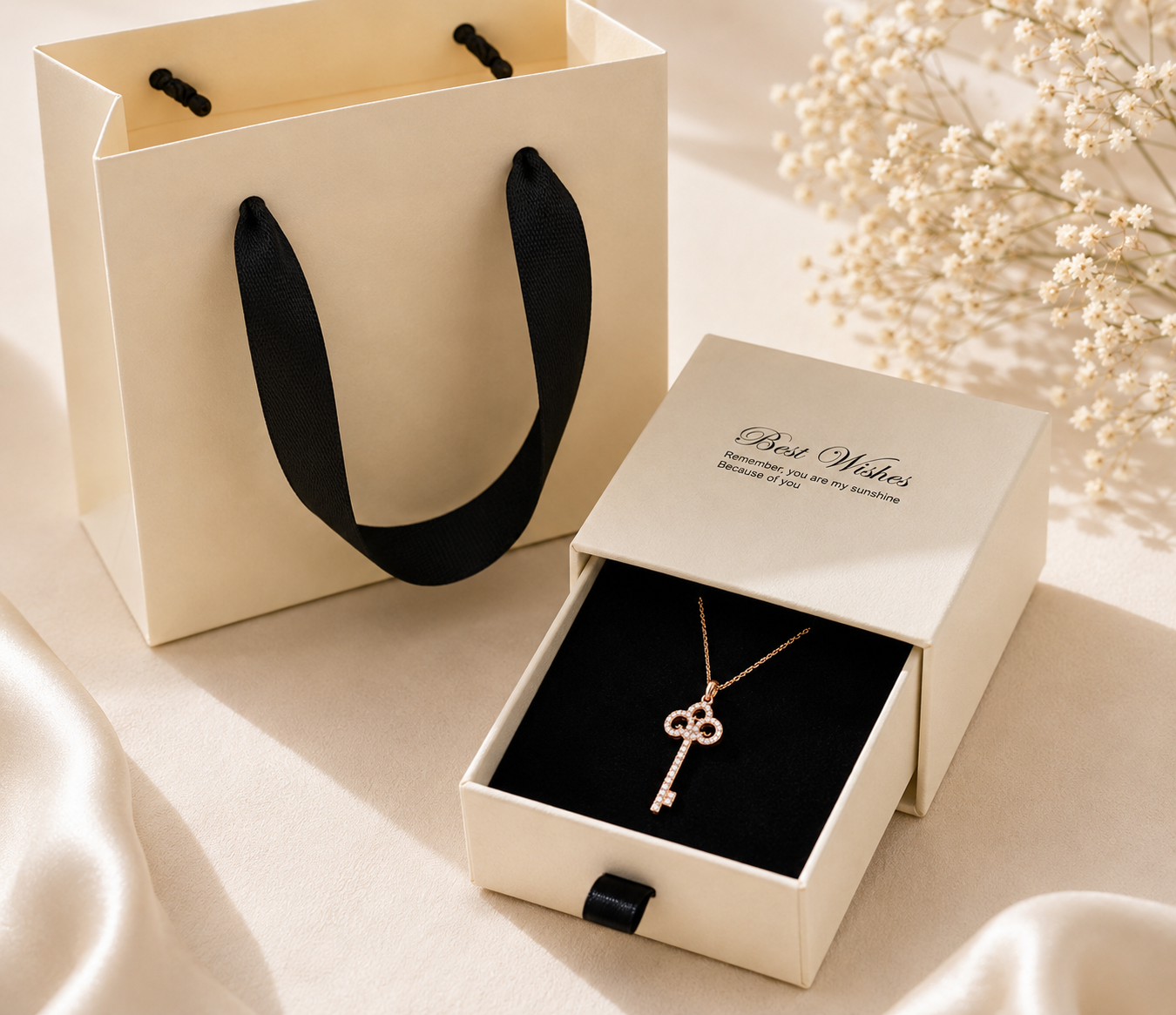Elegant jewellery gift box featuring a rose gold key pendant necklace presented in a premium gift box with a matching gift bag, styled on soft satin fabric in a warm luxury setting.