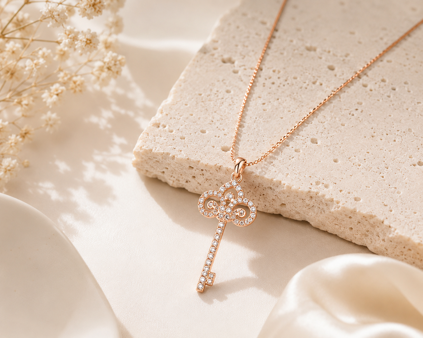 925 Sterling Silver Key Pendant Necklace featuring sparkling cubic zirconia accents on a delicate rose gold-plated sterling silver chain, displayed in a minimalist luxury setting.