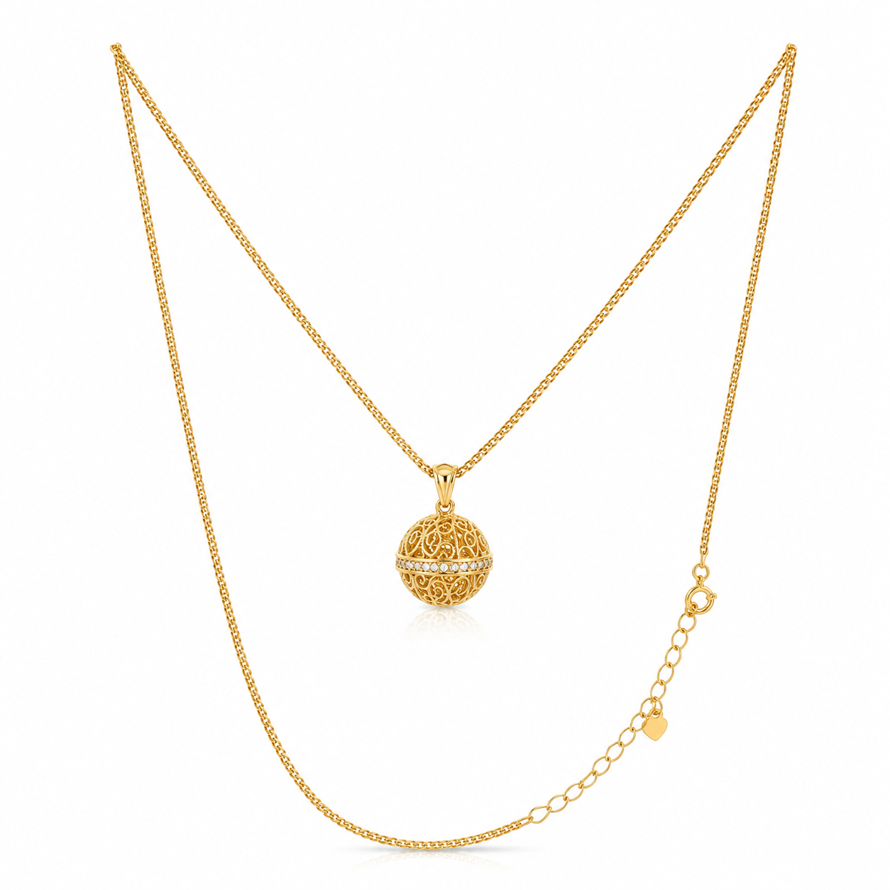 Full view of 18K gold plated 925 sterling silver Harmony Ball necklace with adjustable extension chain