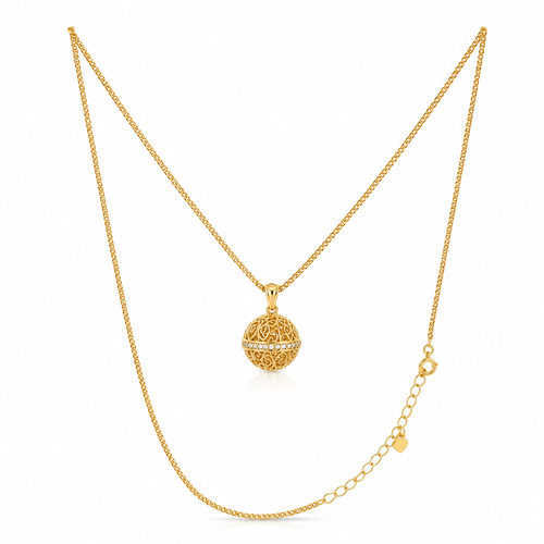 Full view of 18K gold plated 925 sterling silver Harmony Ball necklace with adjustable extension chain