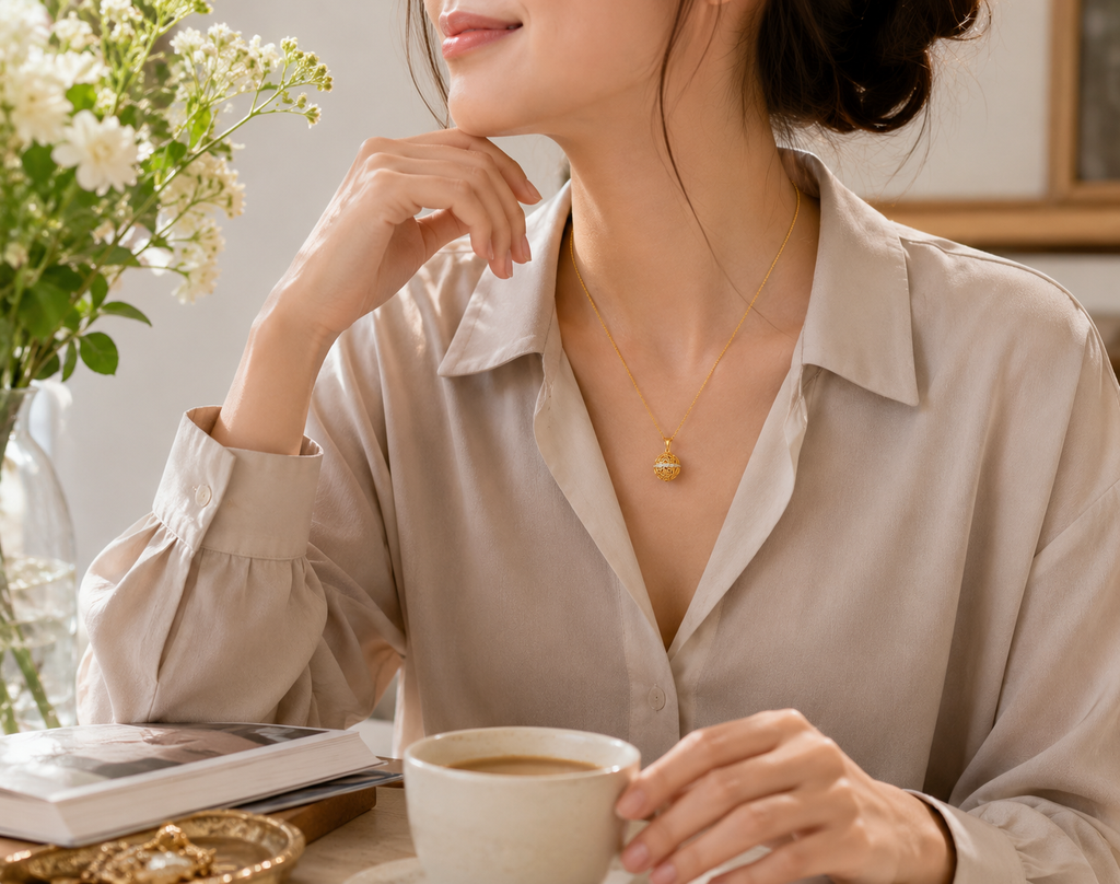 18K gold plated 925 sterling silver Harmony Ball necklace worn with a neutral everyday outfit