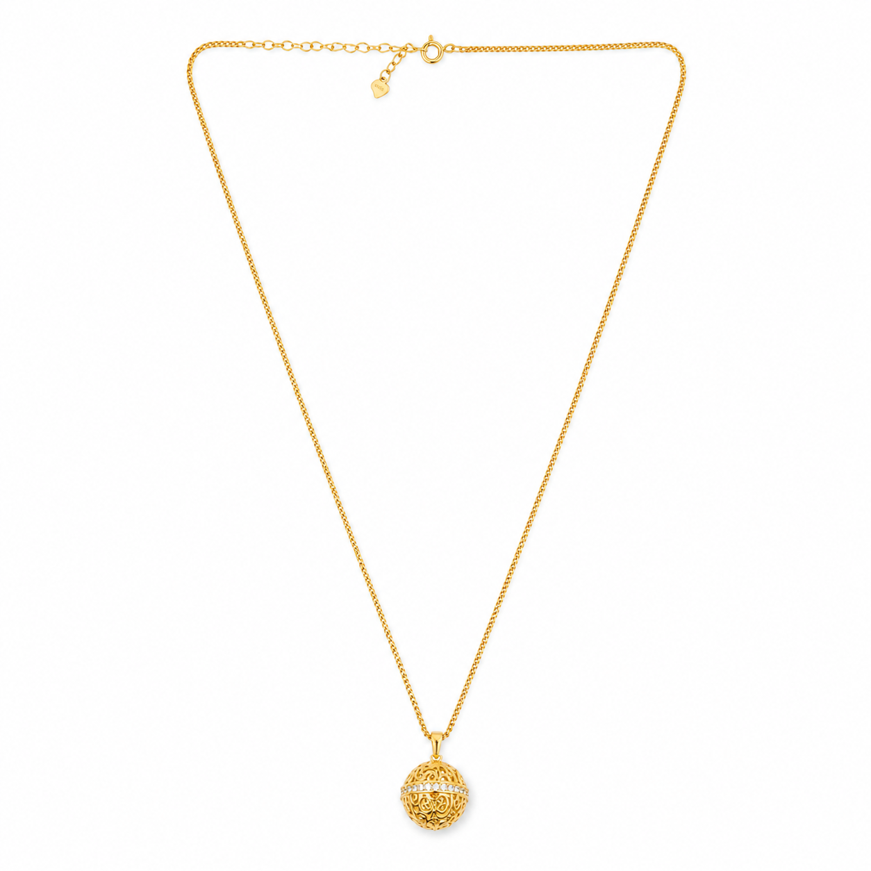 18K gold plated 925 sterling silver Harmony Ball pendant necklace with ornate filigree detailing