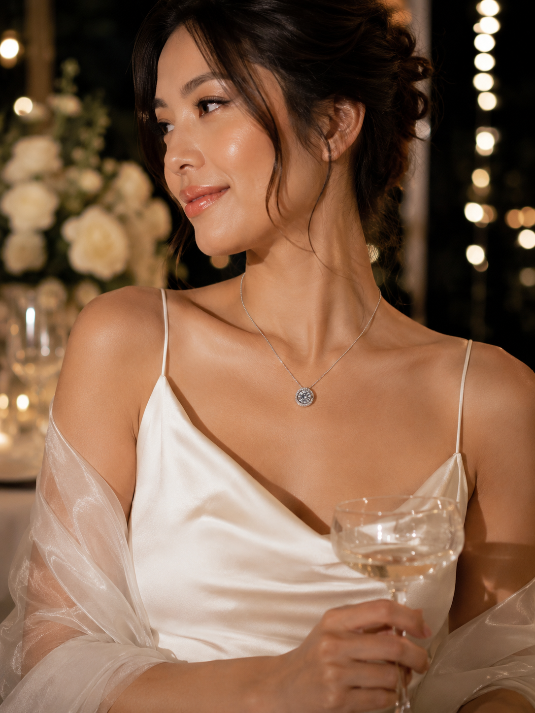 925 sterling silver CZ pendant necklace styled with a white satin dress and sheer shawl at an elegant bridal after-party, with a champagne glass and warm candlelight.