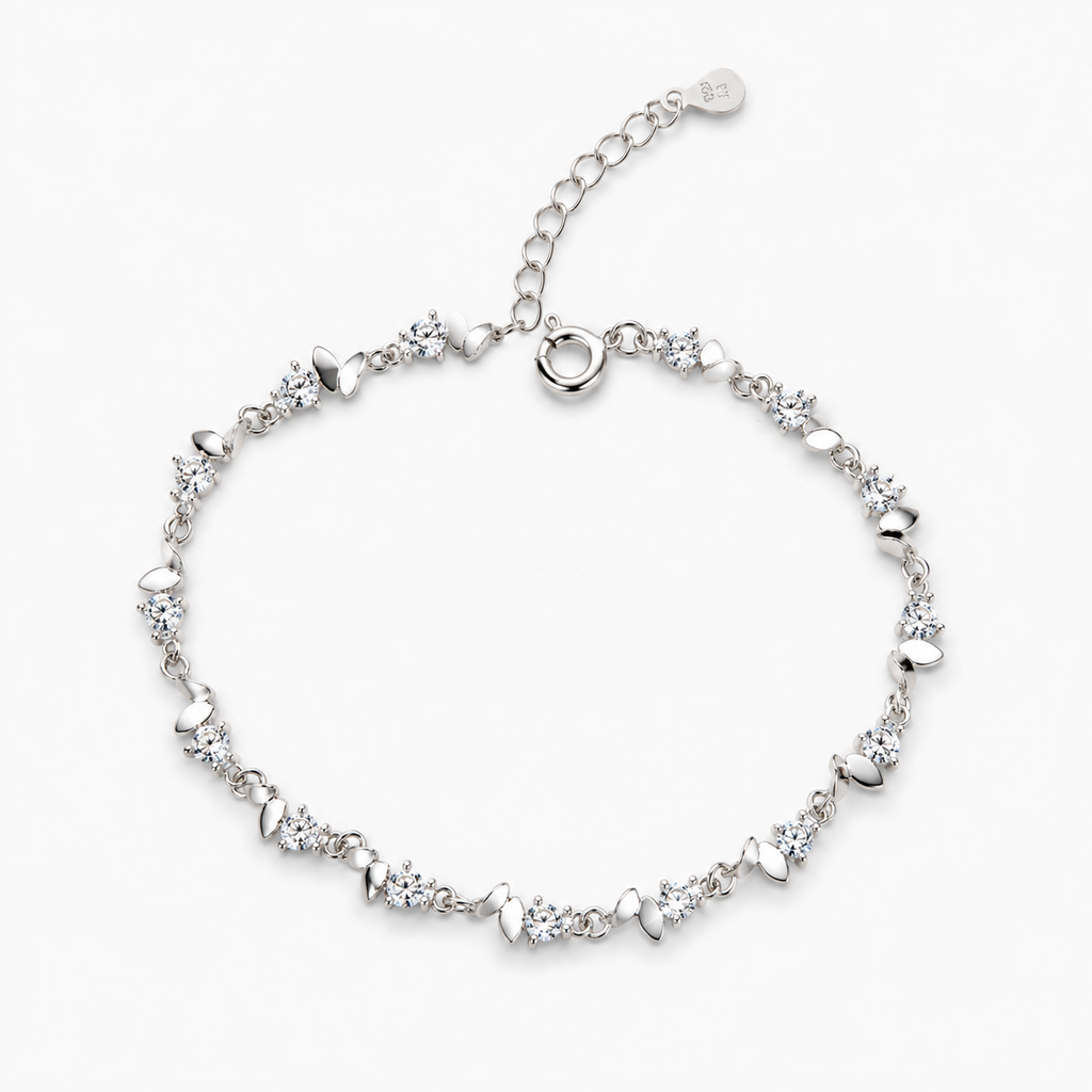 925 sterling silver butterfly cubic zirconia bracelet featuring delicate butterfly motifs and sparkling cubic zirconia accents on a clean white background.