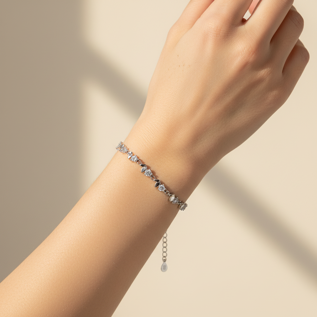 925 sterling silver butterfly cubic zirconia bracelet worn on wrist