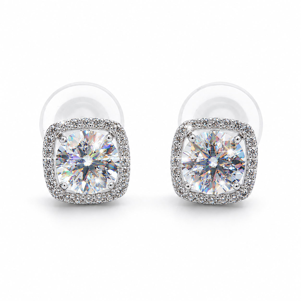 925 sterling silver cushion halo moissanite stud earrings