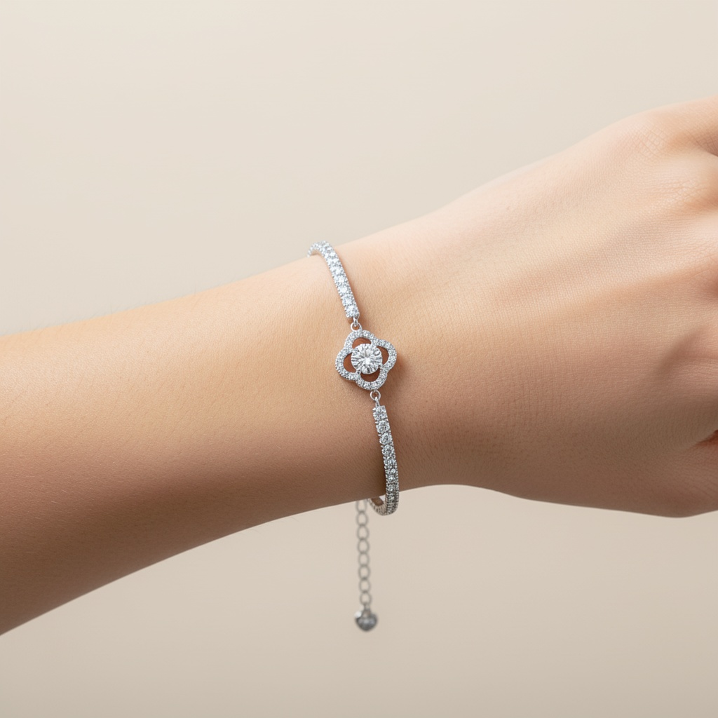 925 sterling silver flower cubic zirconia tennis bracelet worn on wrist