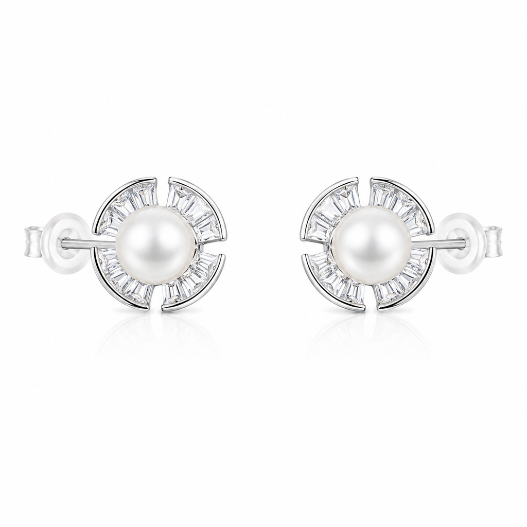 Pair of 925 sterling silver freshwater pearl stud earrings featuring a halo of baguette-cut cubic zirconia on a white background.