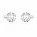 Pair of 925 sterling silver freshwater pearl stud earrings featuring a halo of baguette-cut cubic zirconia on a white background.