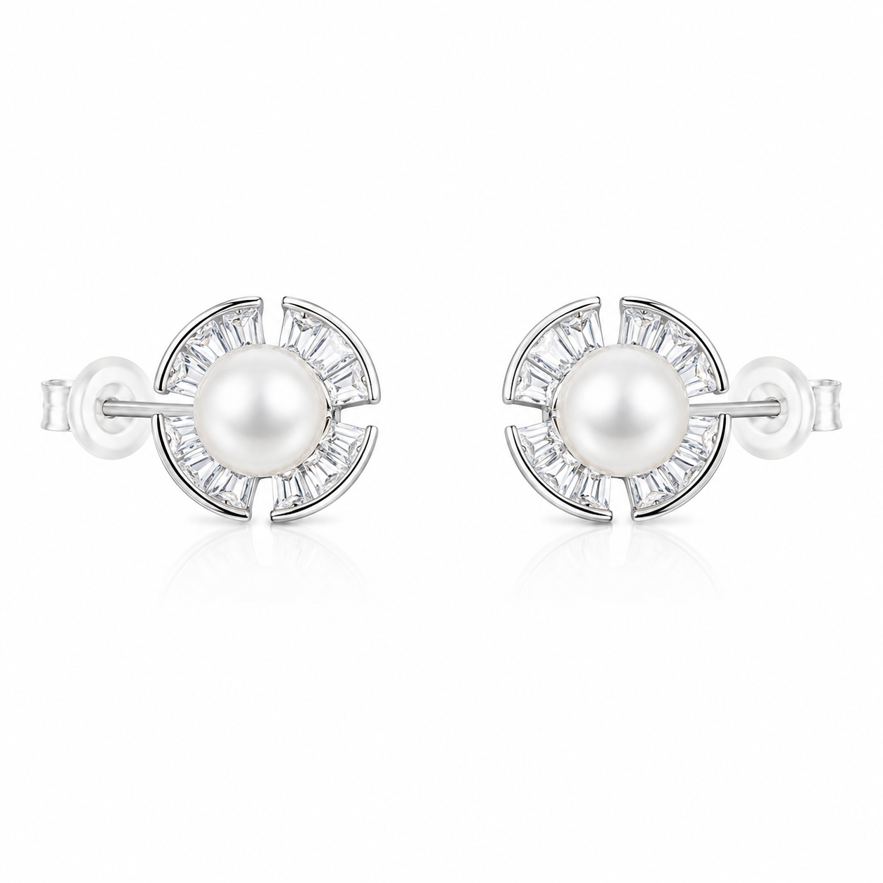 Pair of 925 sterling silver freshwater pearl stud earrings featuring a halo of baguette-cut cubic zirconia on a white background.