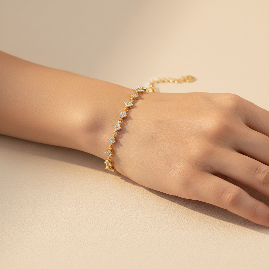 925 sterling silver gold plated floral cubic zirconia bracelet worn on wrist