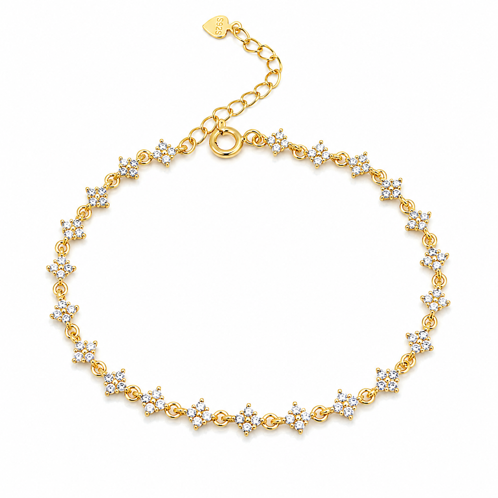 925 sterling silver gold plated floral cubic zirconia bracelet with adjustable chain