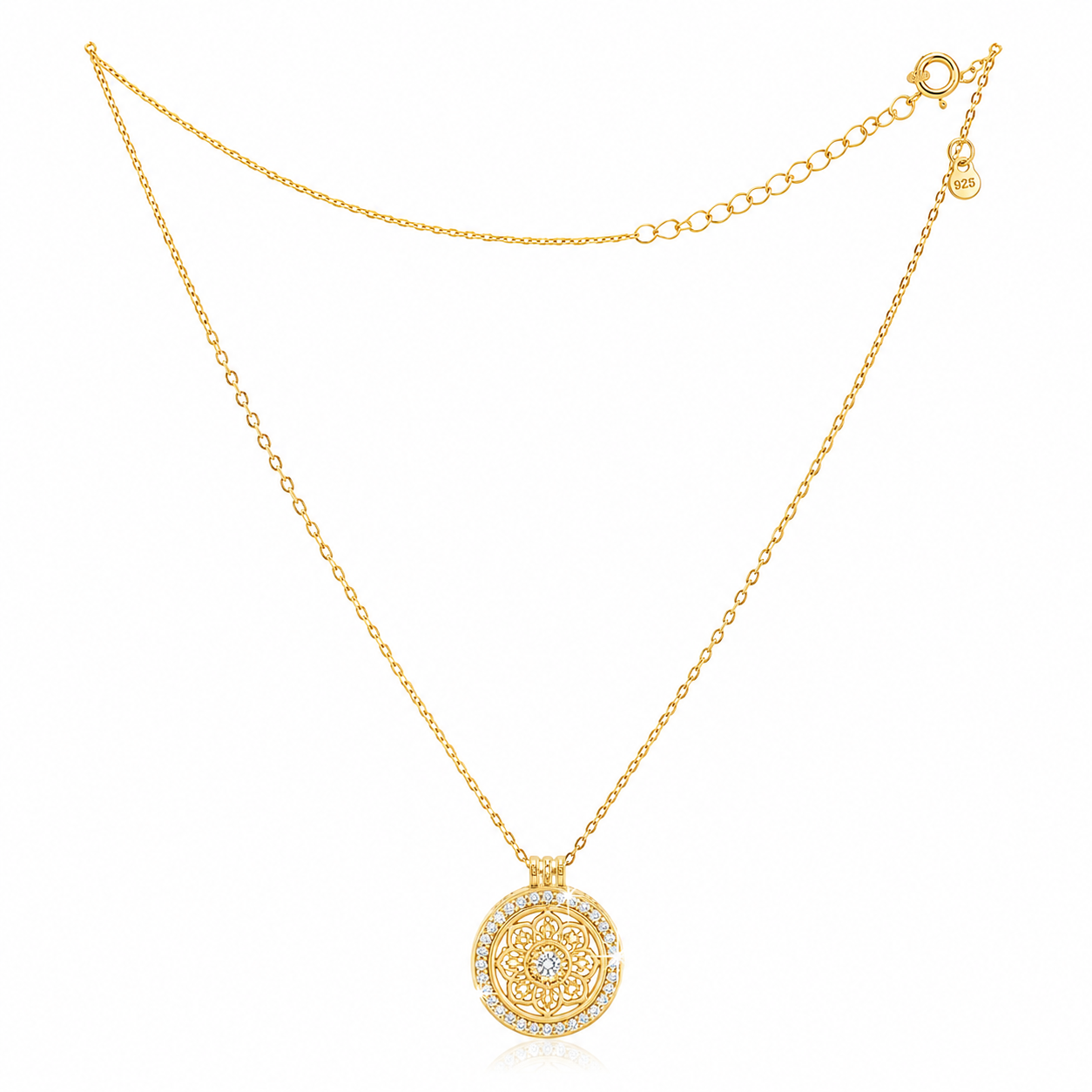 925 sterling silver gold plated mandala spinner pendant necklace with cubic zirconia details