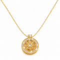 Close-up of 925 sterling silver gold plated mandala spinner pendant necklace with cubic zirconia details