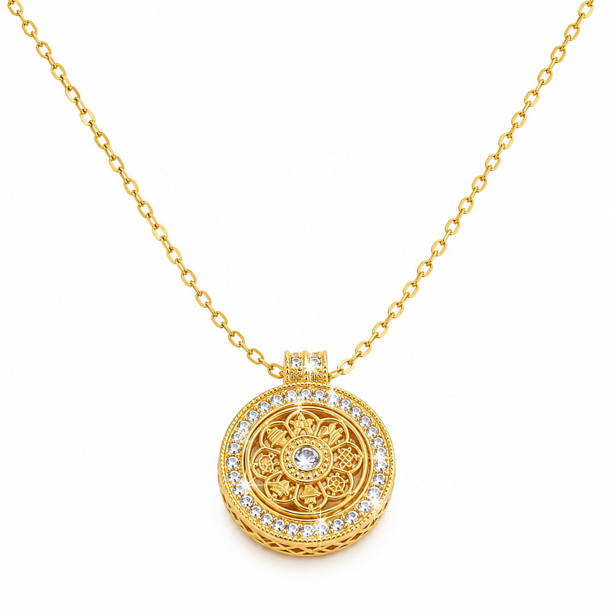 Close-up of 925 sterling silver gold plated mandala spinner pendant necklace with cubic zirconia details