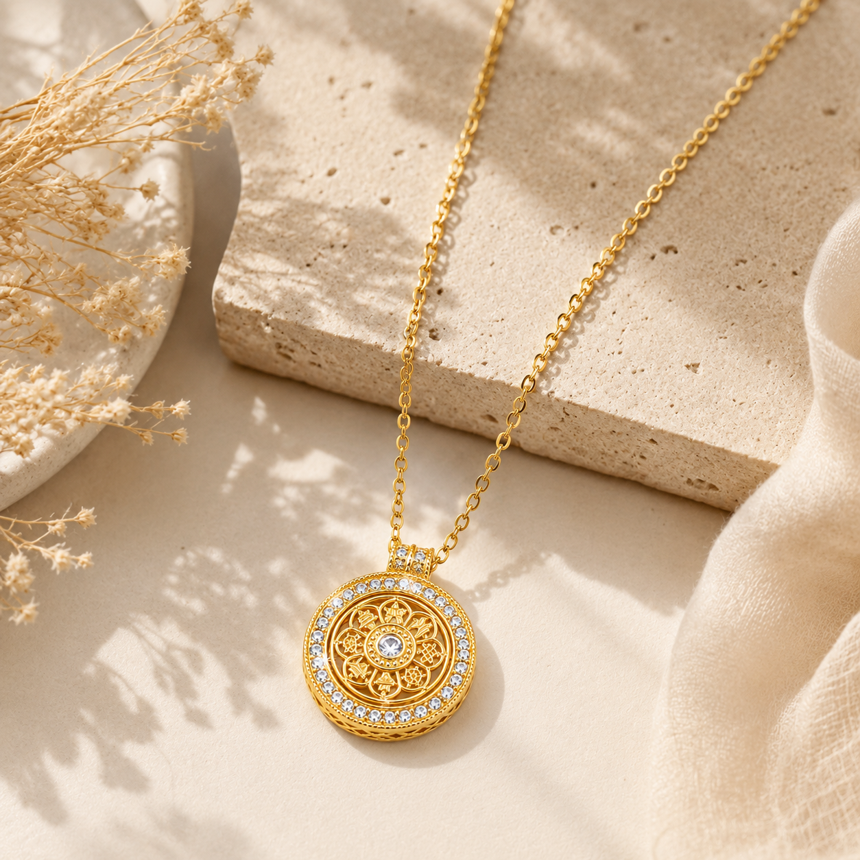 Gold plated 925 sterling silver mandala spinner necklace with cubic zirconia displayed on a warm neutral surface