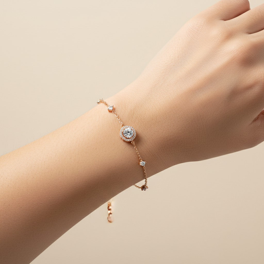 925 sterling silver rose gold round cubic zirconia halo bracelet worn on wrist