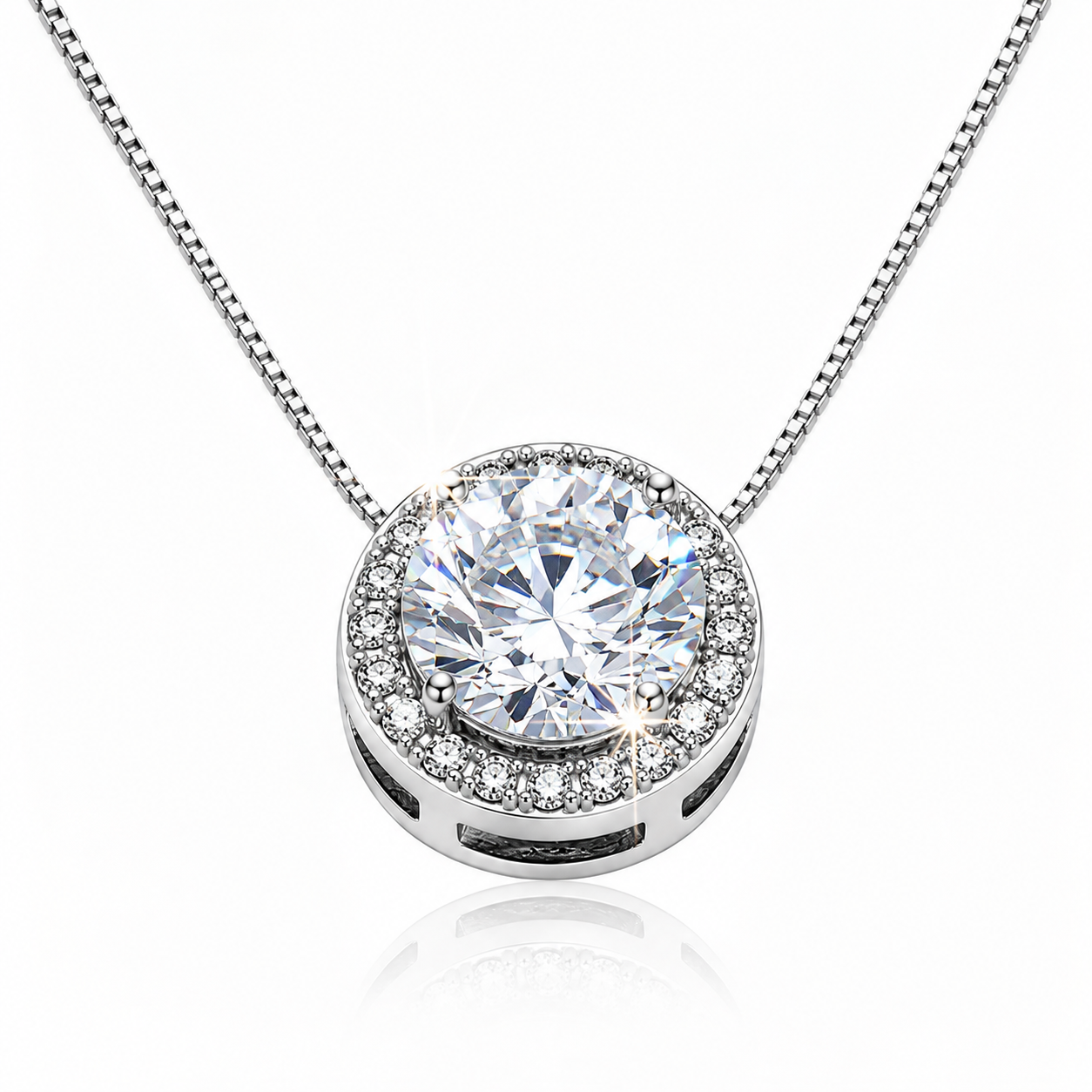 925 sterling silver round halo cubic zirconia pendant necklace with box chain