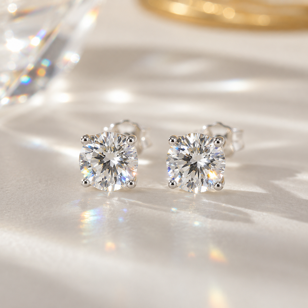Close-up of 925 sterling silver round moissanite stud earrings in natural sunlight, highlighting exceptional brilliance, rainbow fire, and a timeless four-prong design.