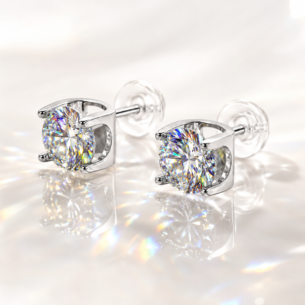 Side angle view of 925 sterling silver round moissanite stud earrings with silicone push backs, showcasing exceptional brilliance, rainbow fire, and an elegant open basket setting.