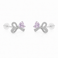 Lavender Ice-Cut CZ Bow stud earrings in rhodium-plated 925 sterling silver with silicone push backs