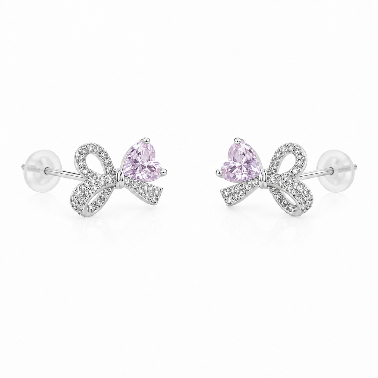 Lavender Ice-Cut CZ Bow stud earrings in rhodium-plated 925 sterling silver with silicone push backs