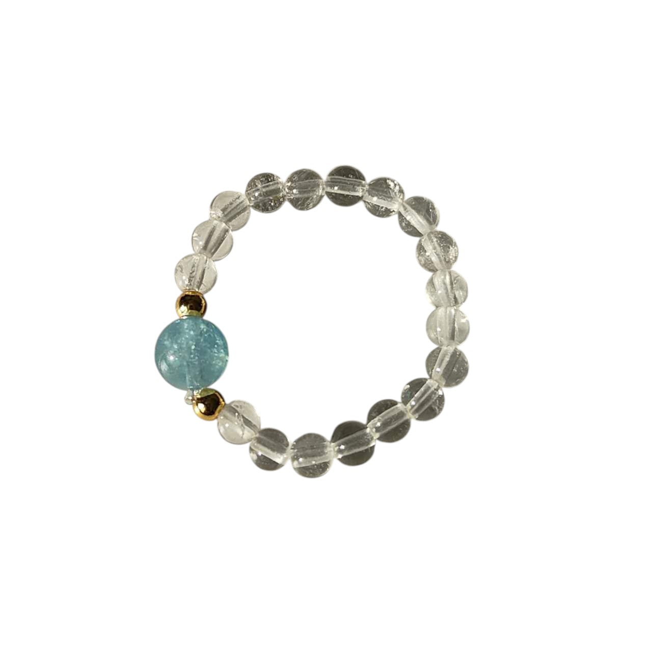 Aquamarine & Clear Quartz Stretch Beaded Ring featuring a polished natural Aquamarine focal bead, transparent Clear Quartz round beads, and gold-tone accent beads on a comfortable elastic band