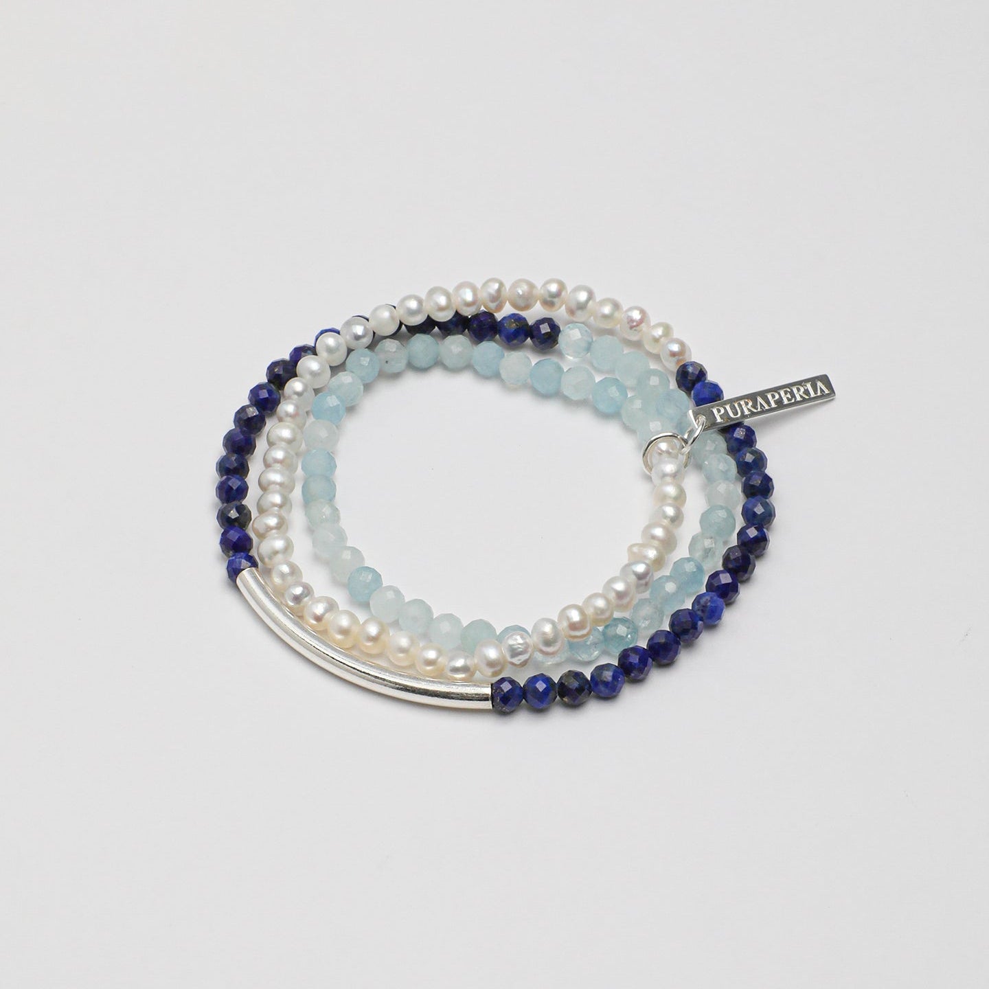 Layered bracelet with aquamarine, lapis lazuli, freshwater pearls and silver accents