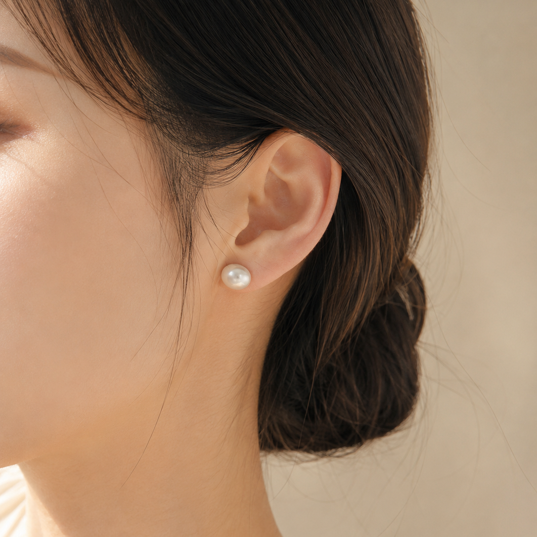 Baroque pearl stud earring worn on the left ear