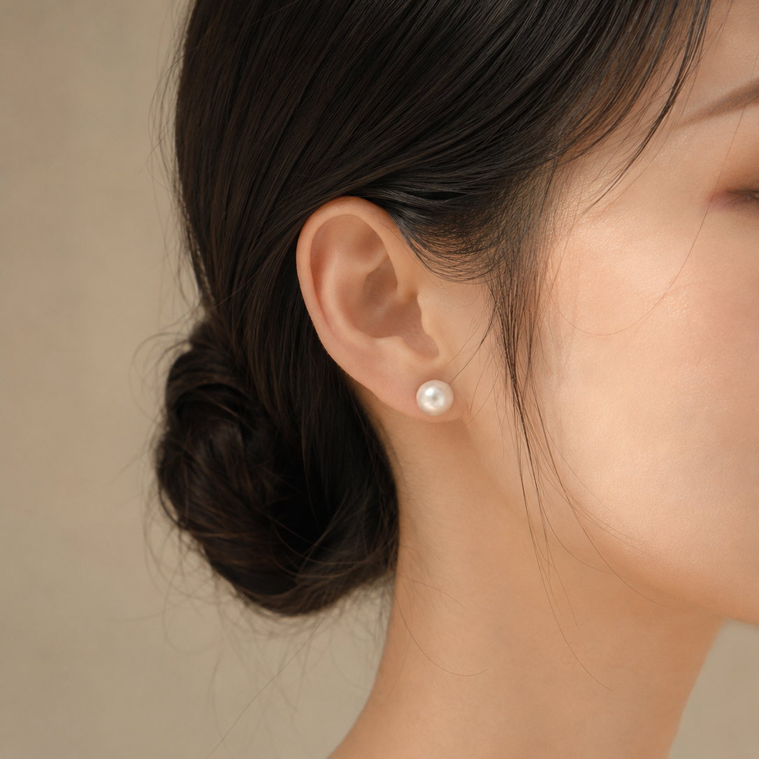 Baroque pearl stud earring worn on the right ear
