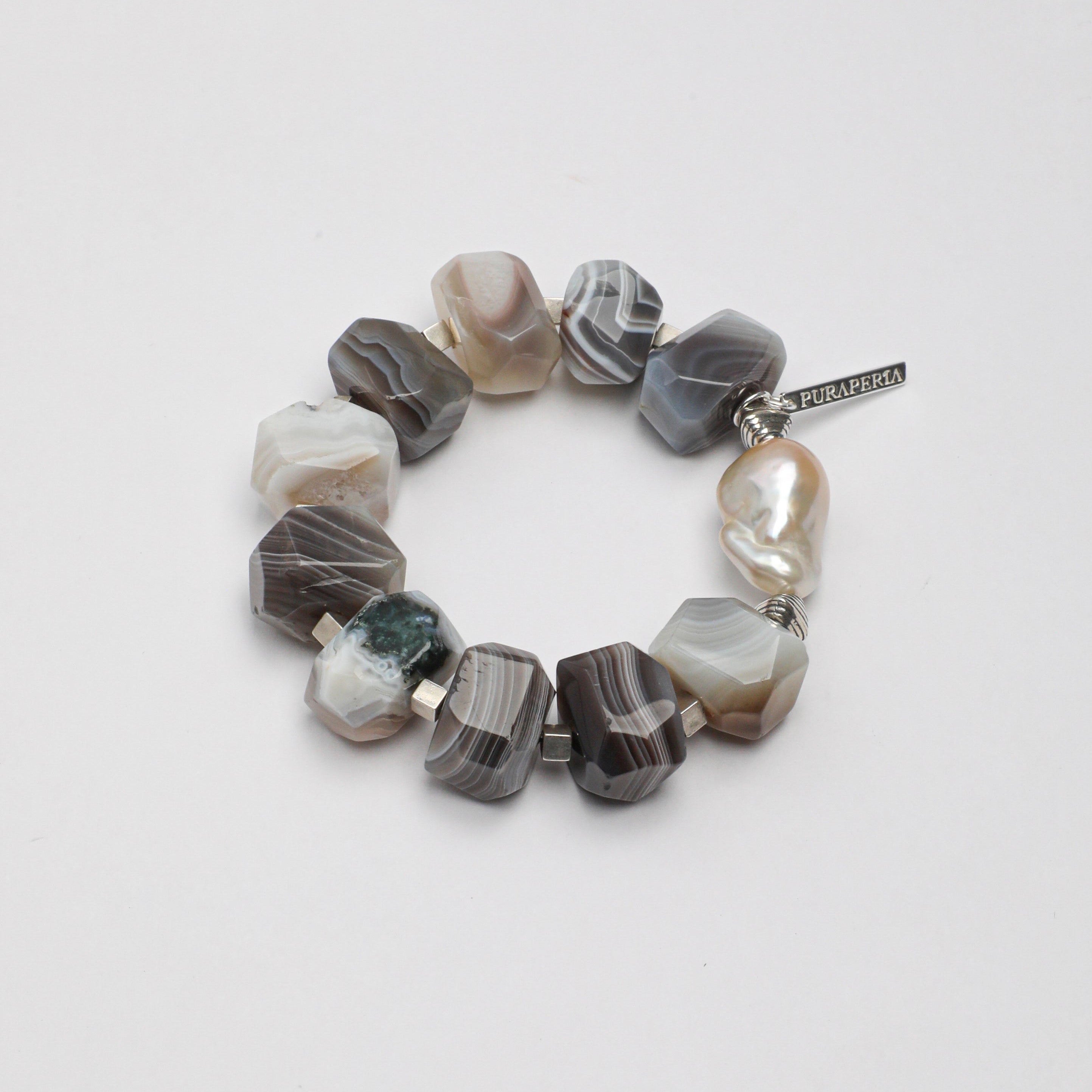 Handmade bracelet with faceted Botswana agate stones and baroque pearl accent