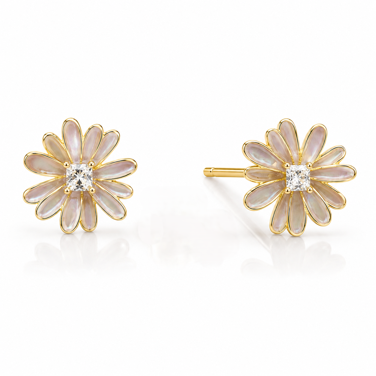 Daisy Bloom stud earrings in 925 sterling silver with 14K gold plating and iridescent petals