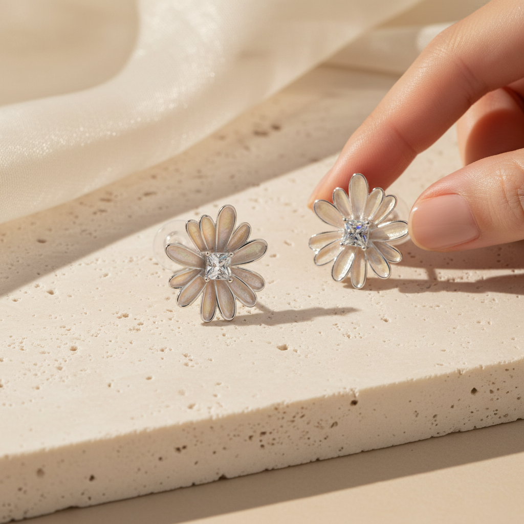 Daisy Bloom stud earrings in 925 sterling silver displayed on a natural stone surface