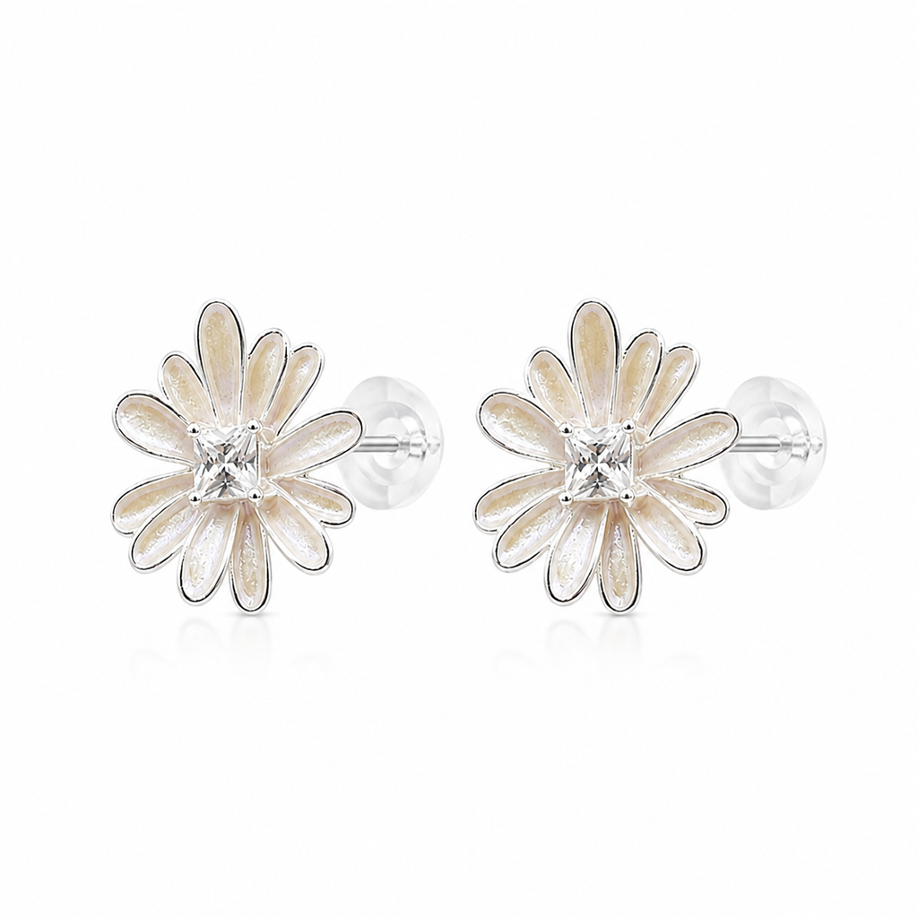 Daisy Bloom stud earrings in 925 sterling silver with soft iridescent petals and sparkling centre stones
