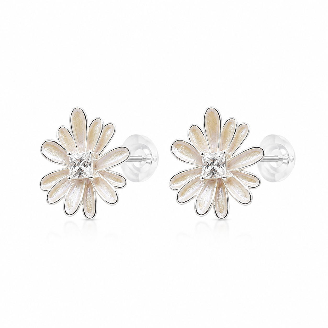 Daisy Bloom stud earrings in 925 sterling silver with soft iridescent petals and sparkling centre stones