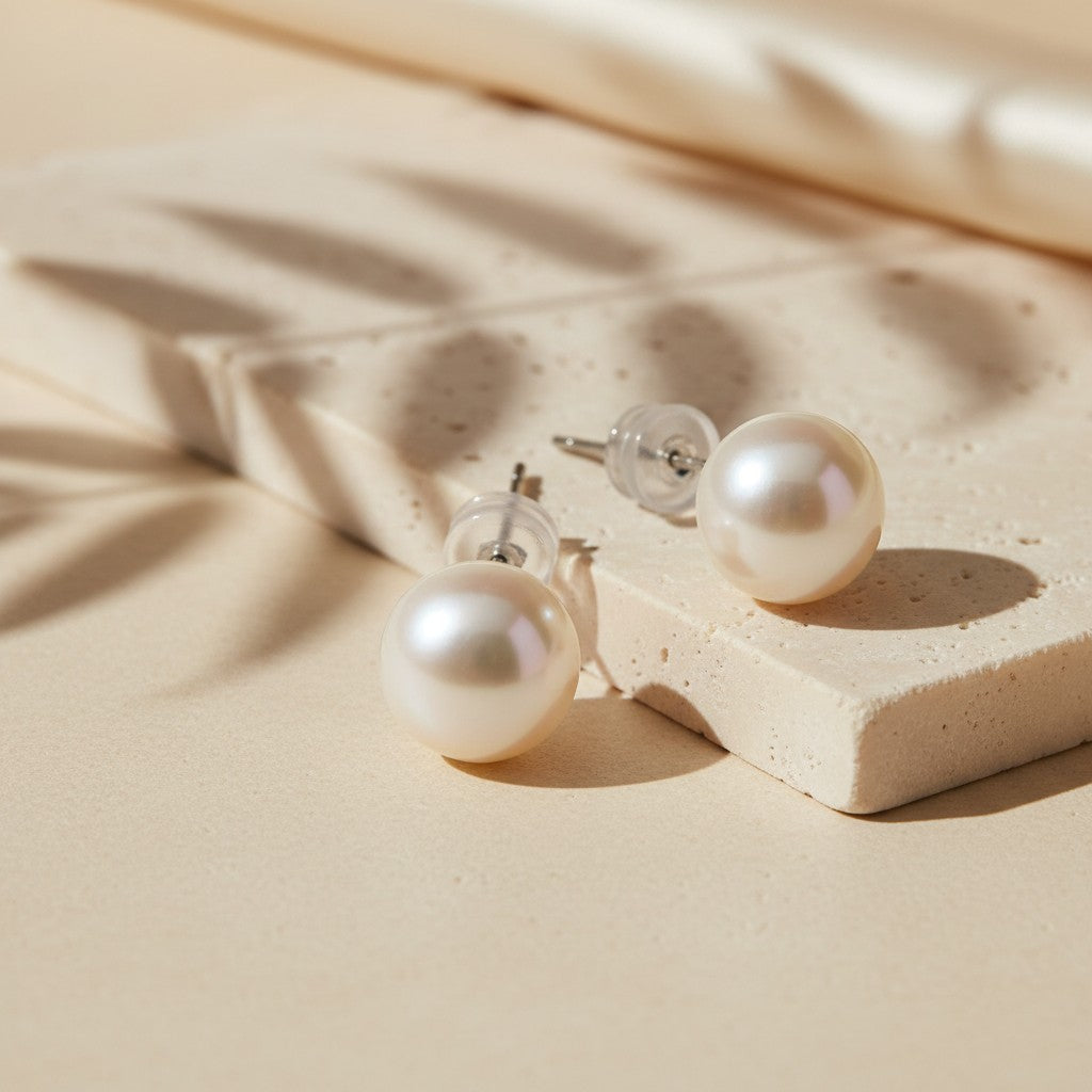 10mm freshwater pearl stud earrings with 925 sterling silver posts displayed on a warm neutral surface