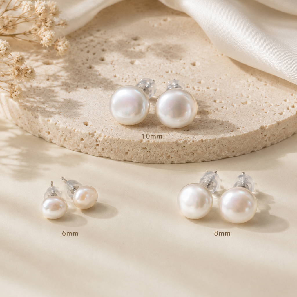 Freshwater Pearl stud earrings with 925 sterling silver posts shown in 6mm, 8mm and 10mm size options