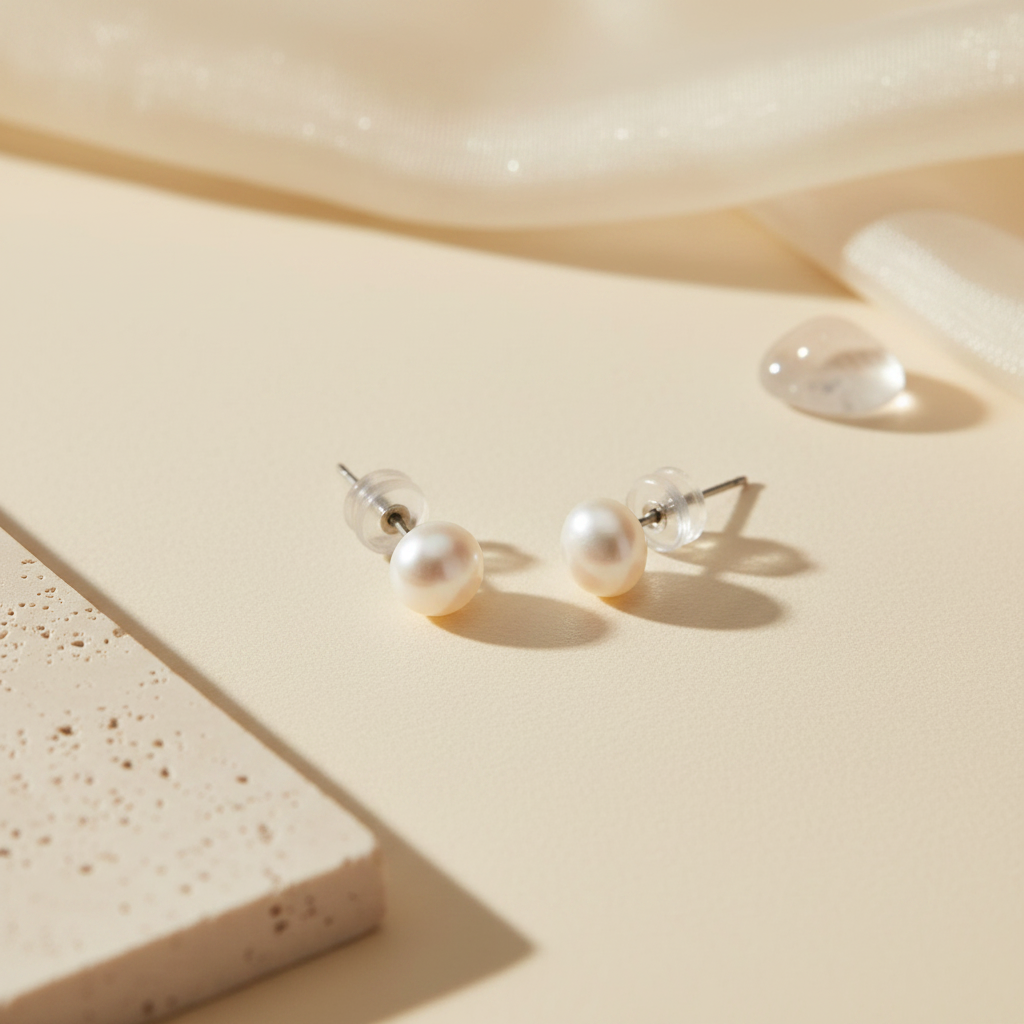 6mm freshwater pearl stud earrings with 925 sterling silver posts displayed on a warm neutral surface