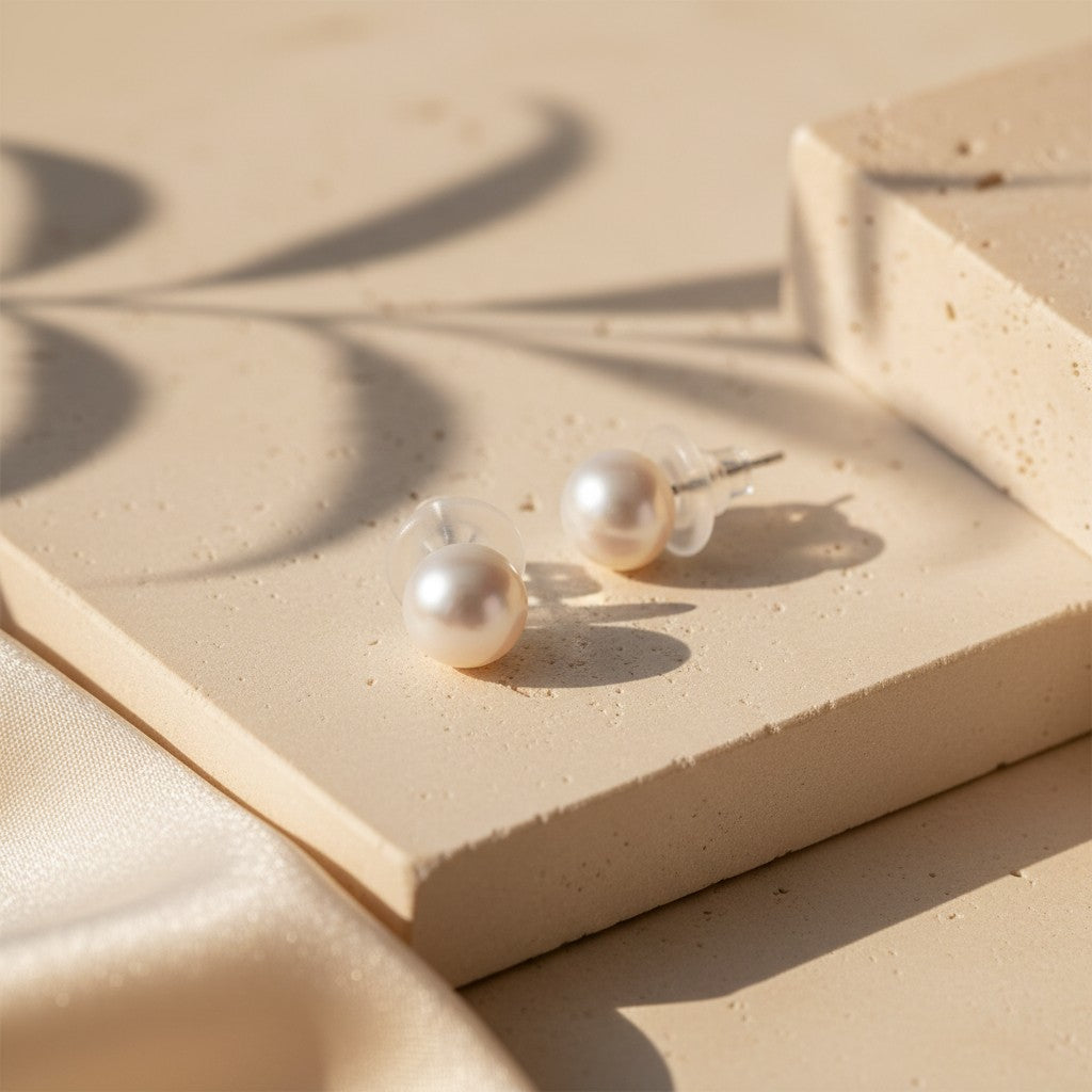 8mm freshwater pearl stud earrings with 925 sterling silver posts displayed on a warm neutral surface