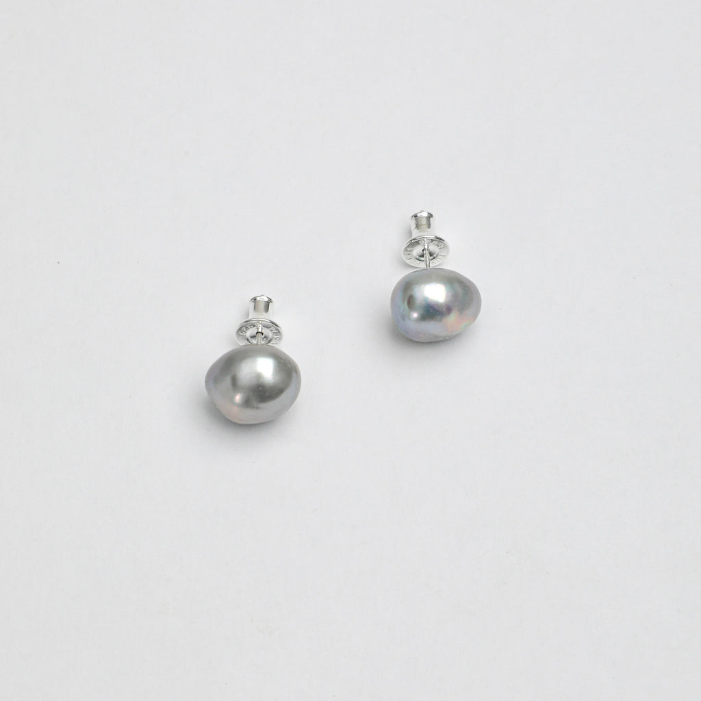 Grey baroque freshwater pearl stud earrings with silver-tone posts and backs