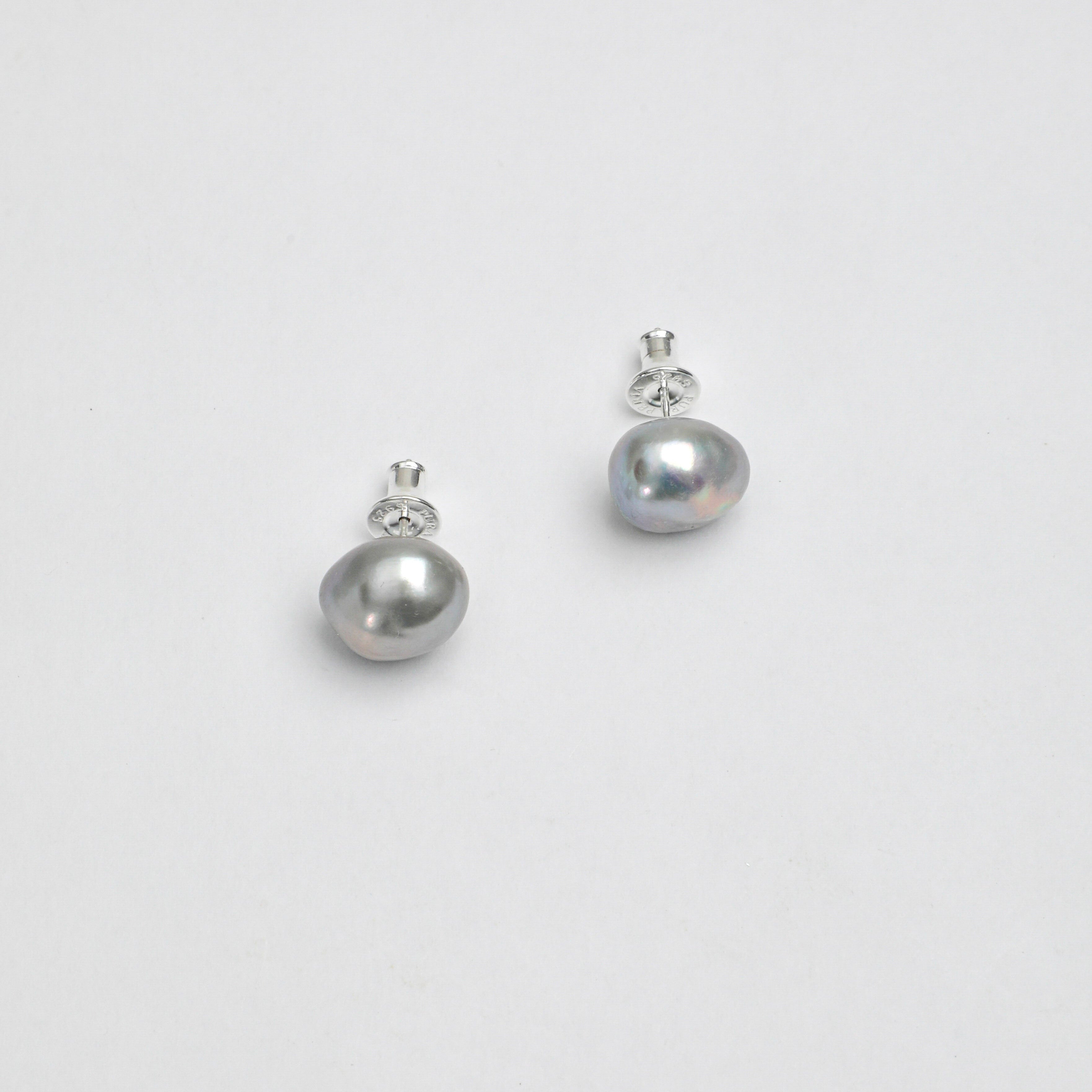 Grey baroque freshwater pearl stud earrings with silver-tone posts and backs