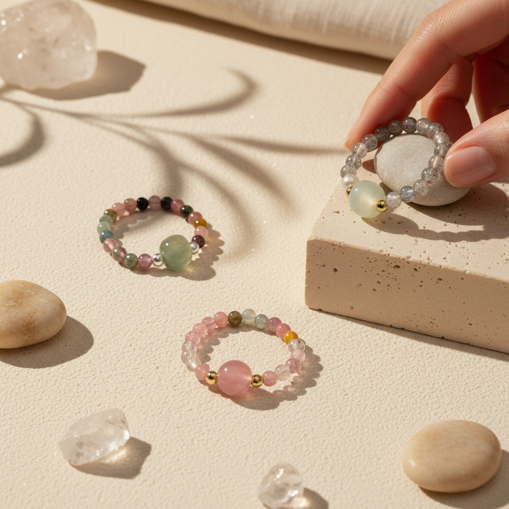 Handcrafted gemstone stretch ring collection featuring Yanyuan Agate, Tourmaline, Moonstone, and Hetian Jade designs styled on natural stone props under soft sunlight.