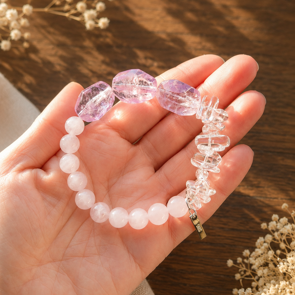 Hand holding a handmade gemstone bracelet featuring faceted amethyst, round rose quartz beads, and clear quartz chips in warm natural sunlight on a wooden background.