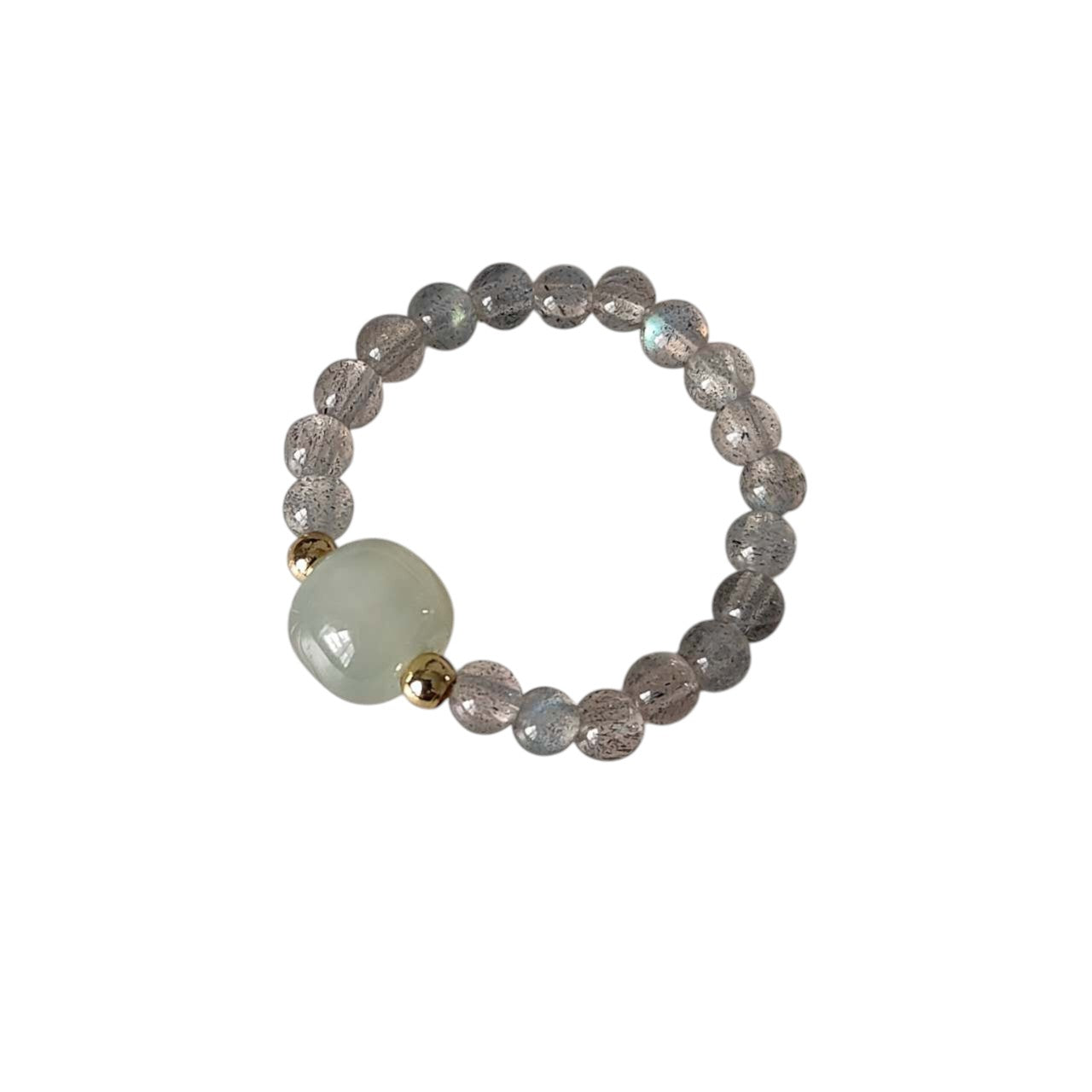 Handmade stretch ring featuring natural Hetian jade and grey moonstone gemstone beads with gold-tone spacer beads on a white background.