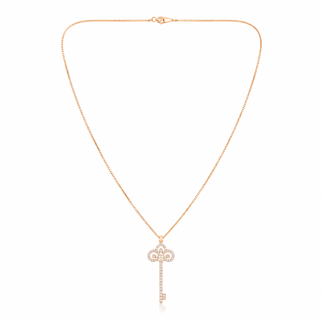Full view of rose gold plated 925 sterling silver key pendant necklace with sparkling clear accents