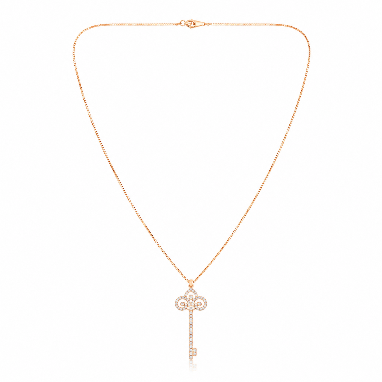 Full view of rose gold plated 925 sterling silver key pendant necklace with sparkling clear accents