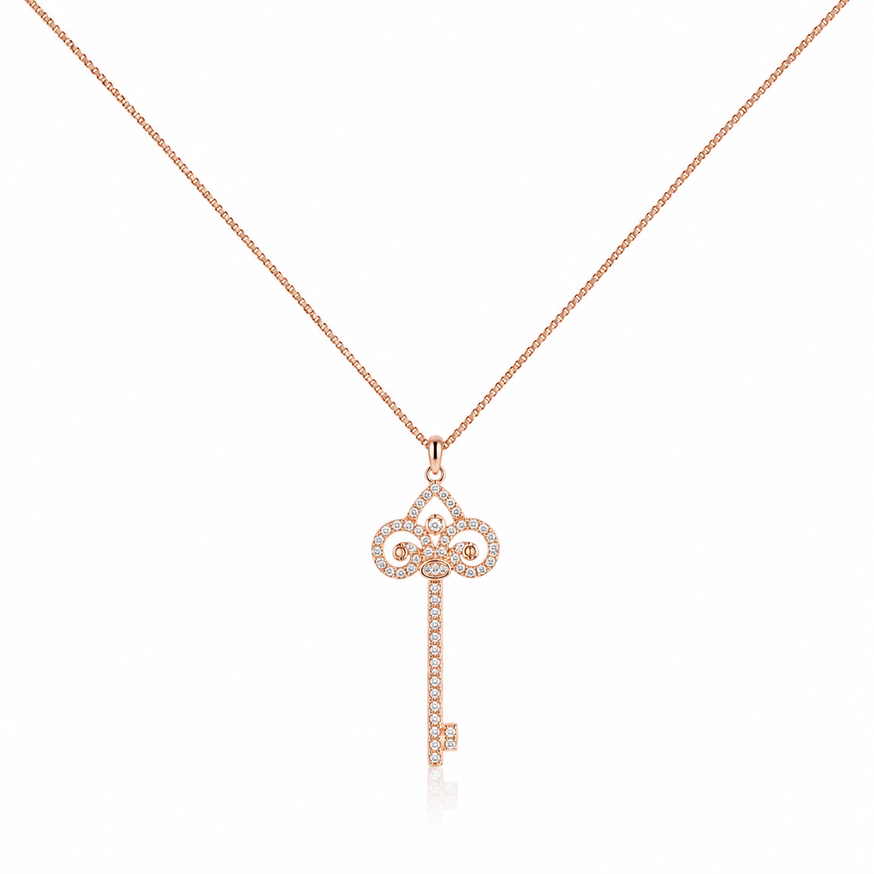 Rose gold plated 925 sterling silver key pendant necklace with sparkling clear accents