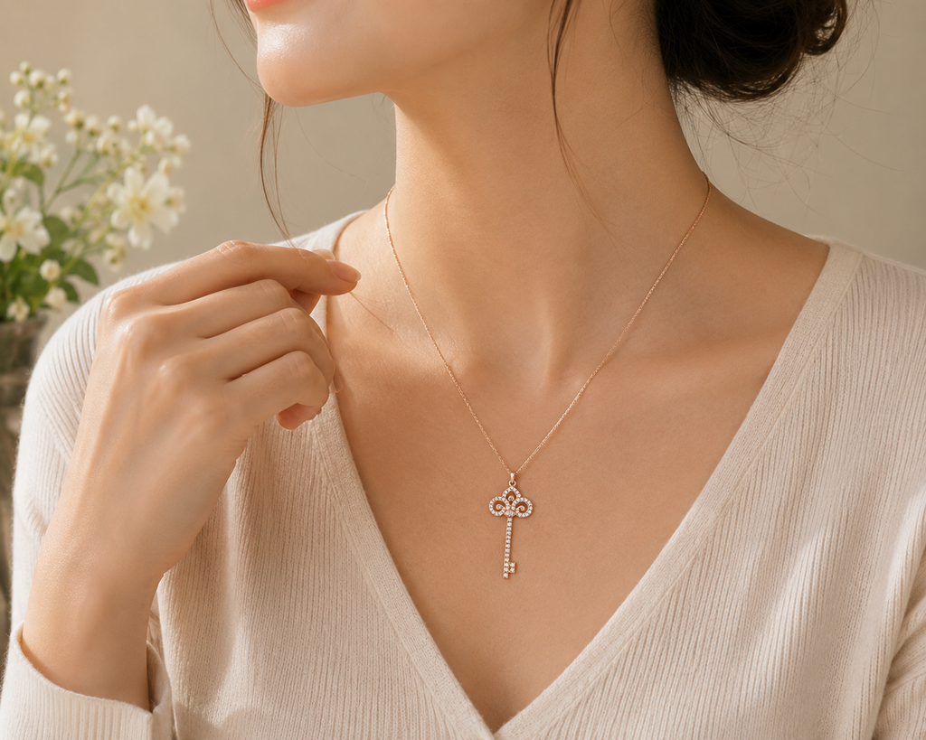 Rose gold plated 925 sterling silver key pendant necklace with sparkling clear accents worn with a neutral V-neck outfit