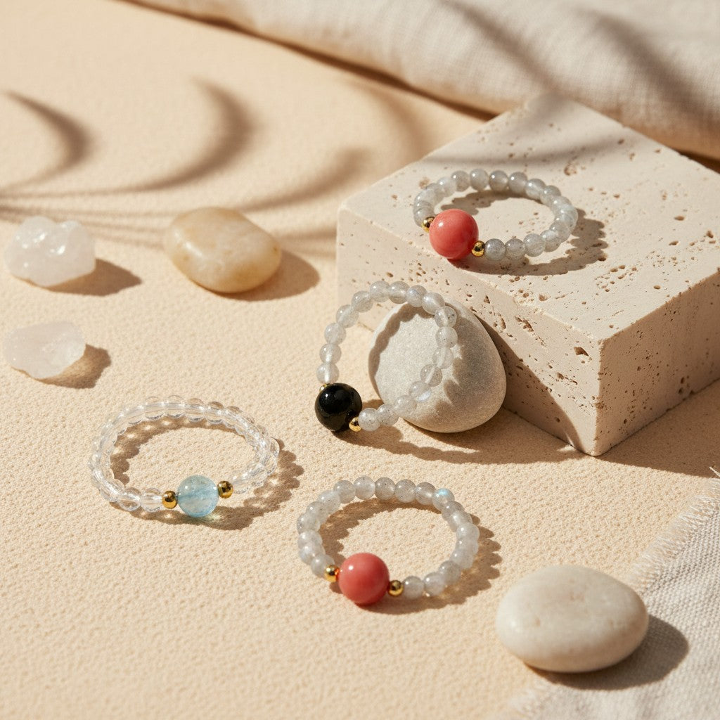 Natural gemstone stretch rings featuring Moonstone, Aquamarine, Southern Red Agate, and Green Jade displayed on decorative stones in warm natural light.